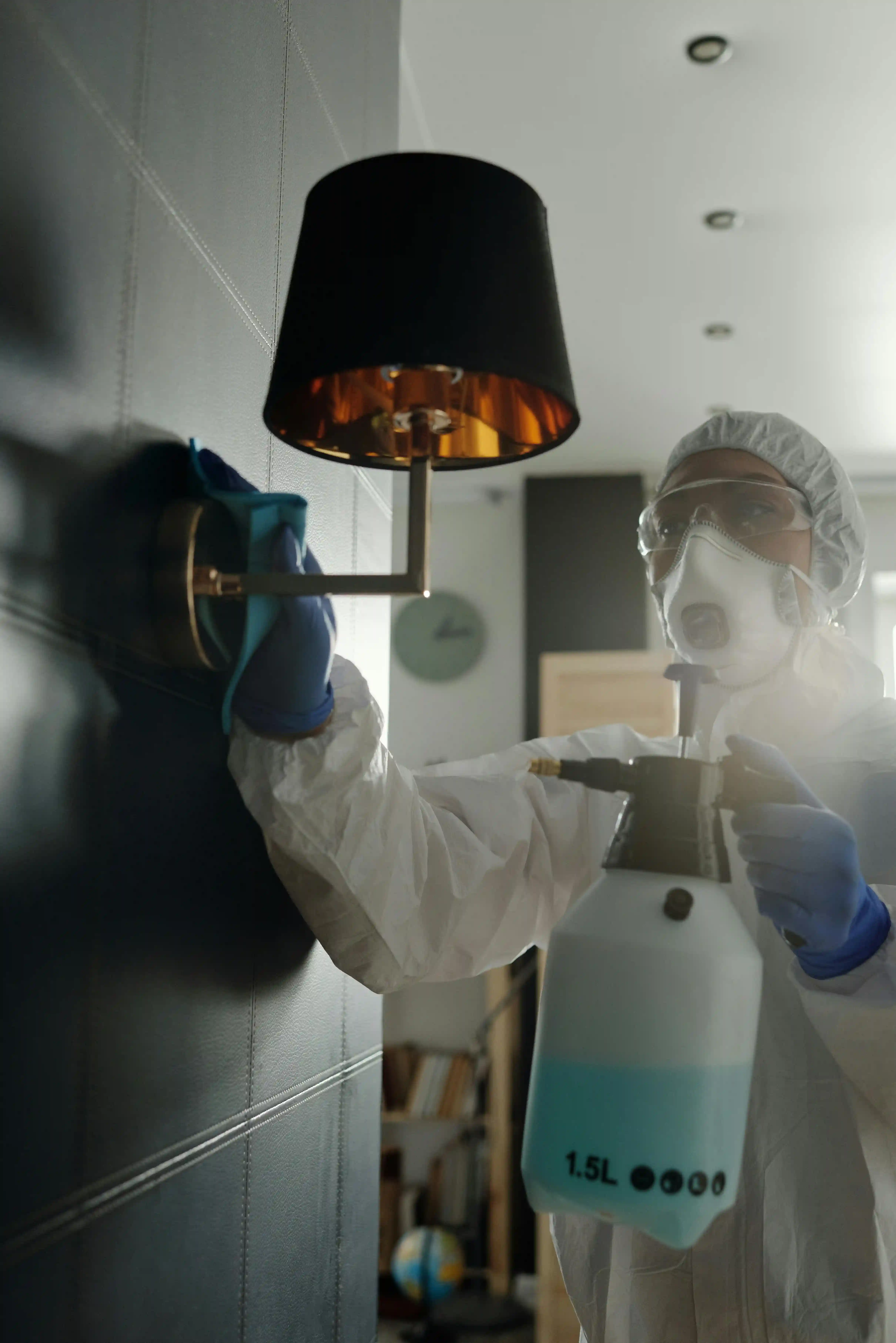 Professional mold remediation specialist in protective gear treating mold contamination