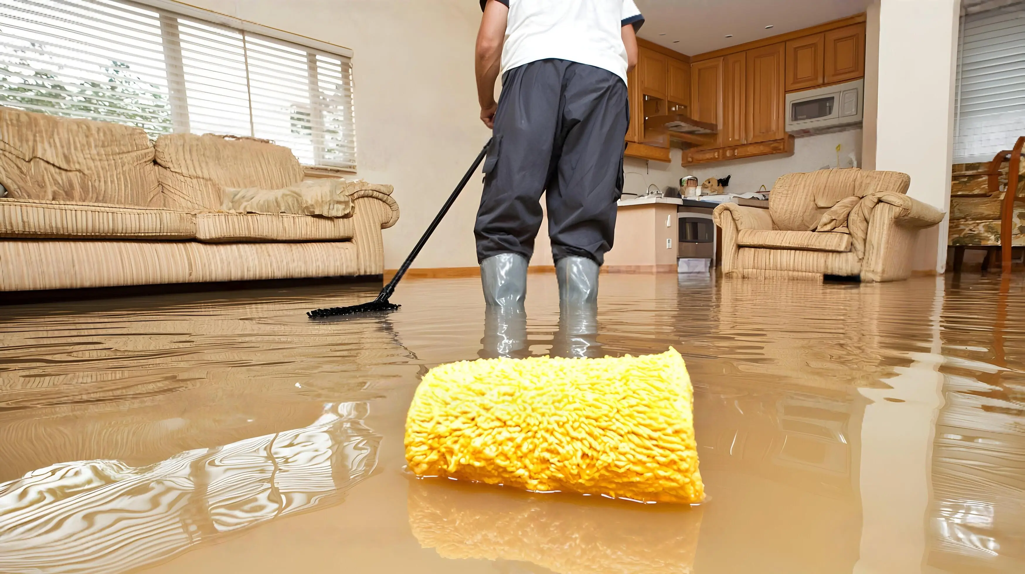 Water damage restoration team extracting water from a flooded residential property